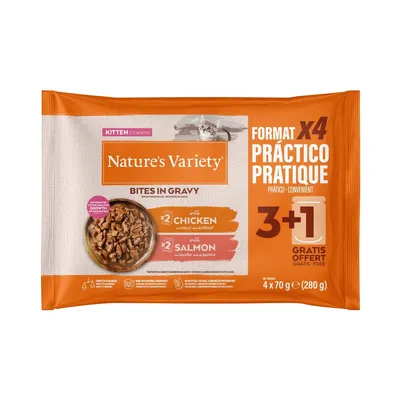 NATURES VARIETY BITES IN GRAVY | BOCADITOS EN SALSA DE POLLO Y SALMÓN PARA GATO